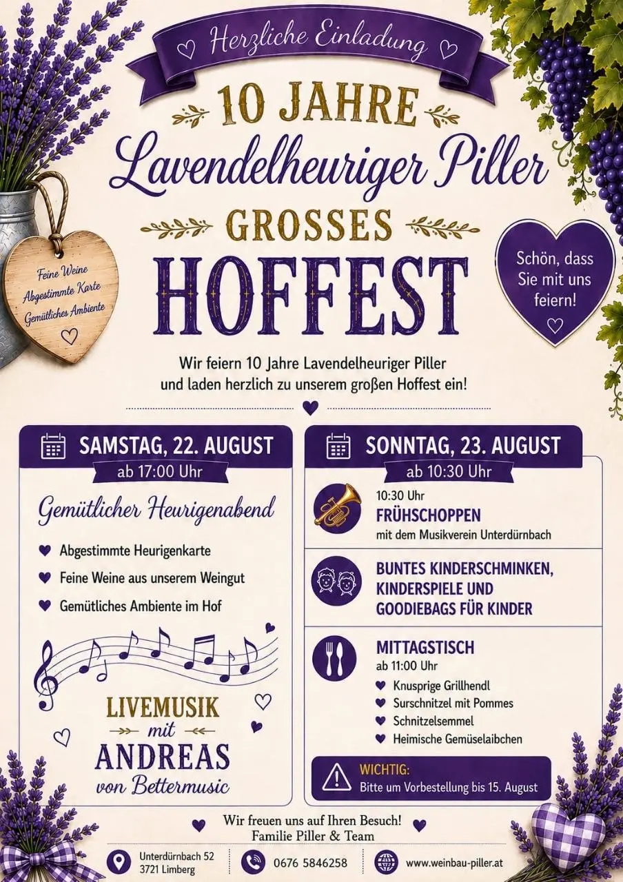 Flyer: 10 Jahre Lavendelheuriger Piller – Großes Hoffest, 22. und 23. August 2026